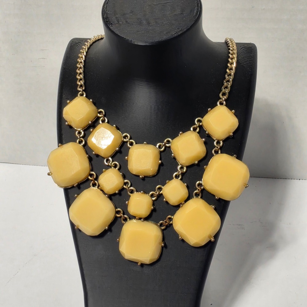 Yellow Statement Bib Necklace Square Resin Stones Gold Tone Curb Chain Chunky
